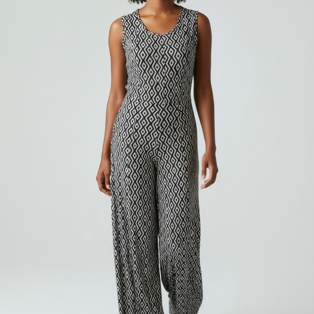 Sleeveless Black & White Geometric Jumpsuit